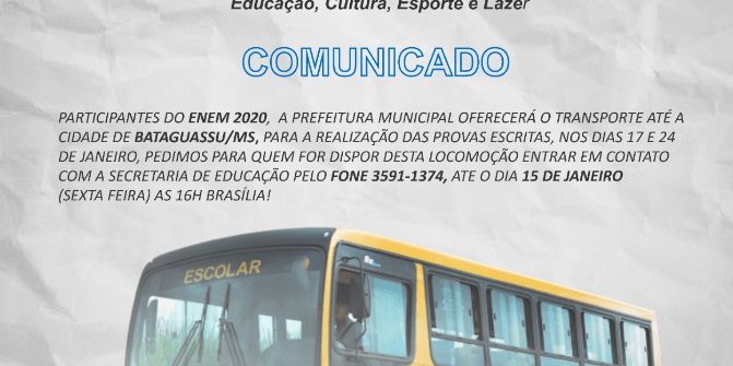 Santa Rita do Pardo: Prefeitura oferecerá transporte para participantes do ENEM