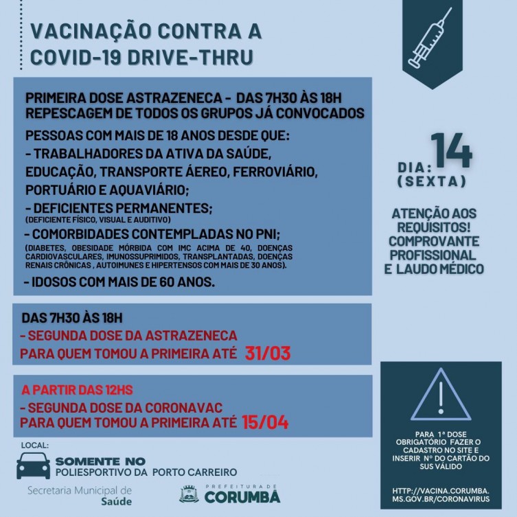 Hoje, dia 14 de maio, Poliesportivo está aberto para repescagem e aplicação de segunda dose da vacina contra a Covid-19