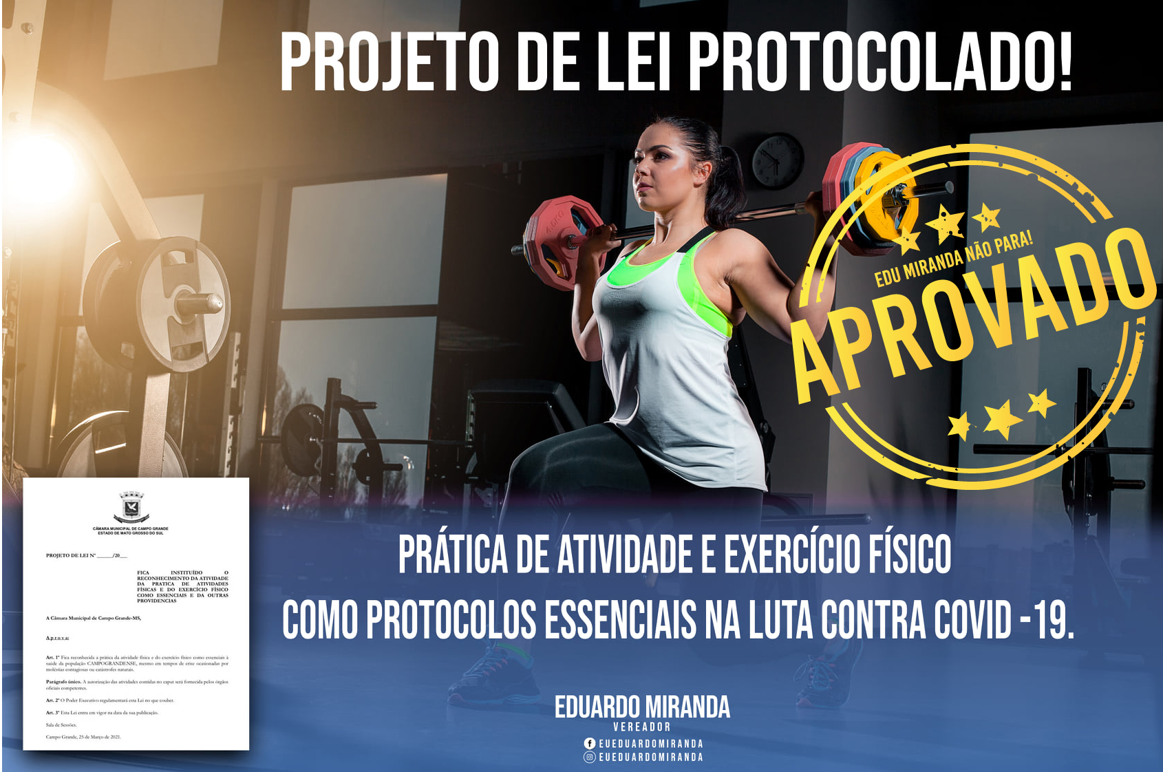 Aprovado Projeto de Lei de Edu Miranda que reconhece a prática da atividade física como serviço essencial