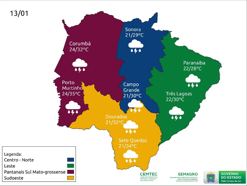 Períodos de sol e chuvas de verão devem marcar a quinta-feira em Mato Grosso do Sul