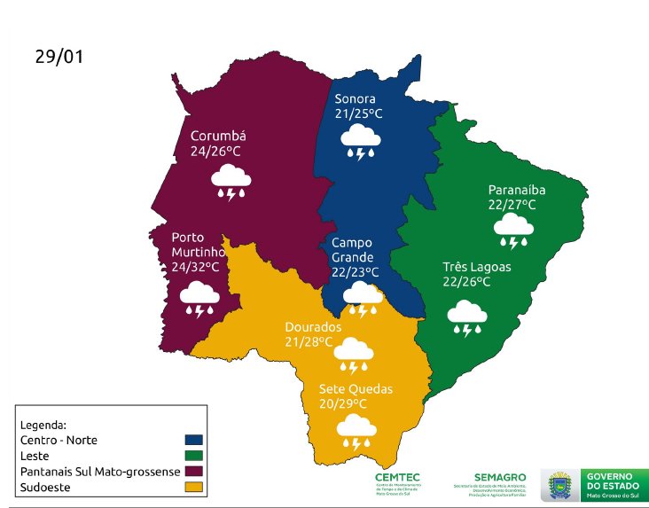 Tempo: Sábado com previsão de chuva e trovoadas em Mato Grosso do Sul