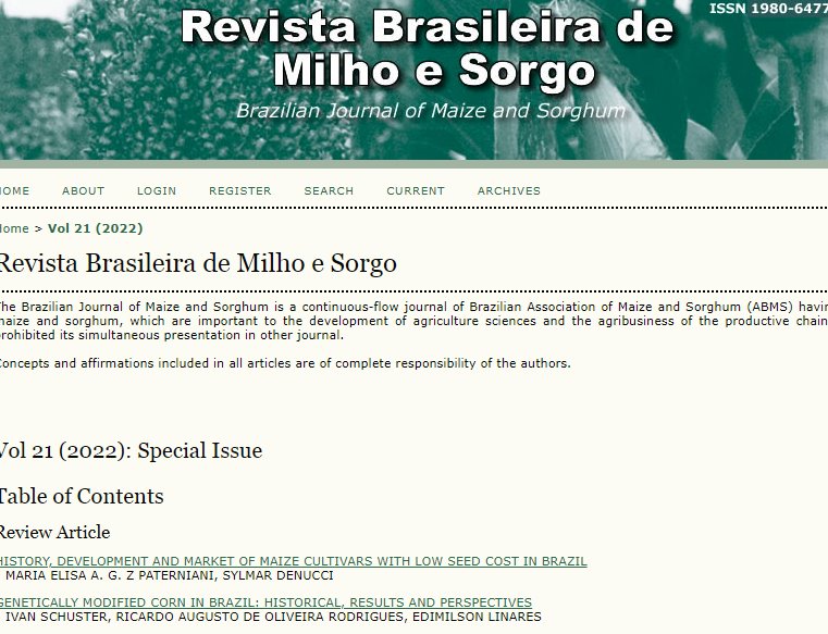 Revista Brasileira de Milho e Sorgo completa 20 anos e lança edição especial