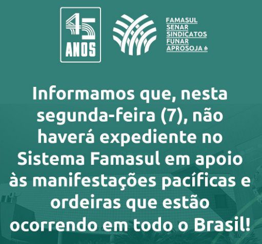 Sistema Famasul adere ao movimento de greve geral e não abre nesta segunda-feira (7)